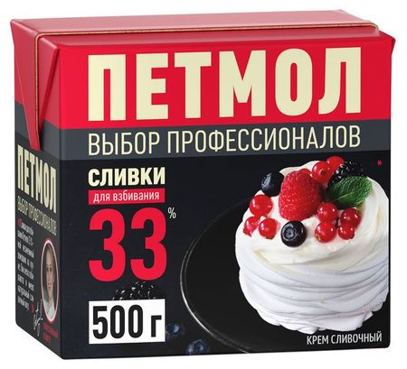 Сливки ультрапастеризованные стерилизованные Петмол Крем сливочный для взбивания нормализованные 33% БЗМЖ, 500 г
