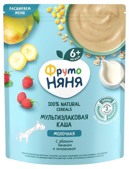 Каша молочная ФрутоНяня мультизлаковая яблоко, банан, земляника с 6 мес., 200 г