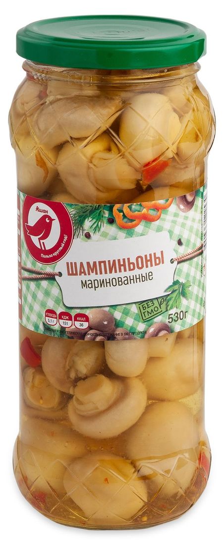 Шампиньоны АШАН Красная птица маринованные, 0,53 мл