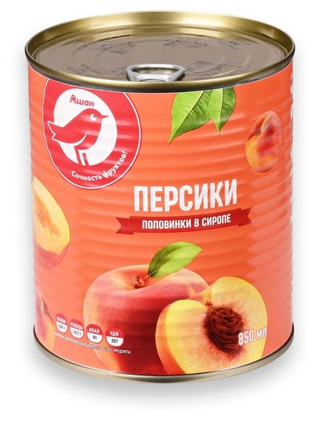 Персики АШАН Красная птица половинки в сиропе, 850 мл