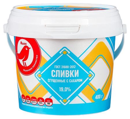 Сливки сгущенные АШАН Красная птица отборные с сахаром 19% ГОСТ БЗМЖ, 400 г