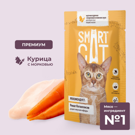 Консервы, паучи Smart Cat паучи Паучи для взрослых кошек и котят кусочки курочки с морковью в нежном соусе. Влажный корм (85 г)