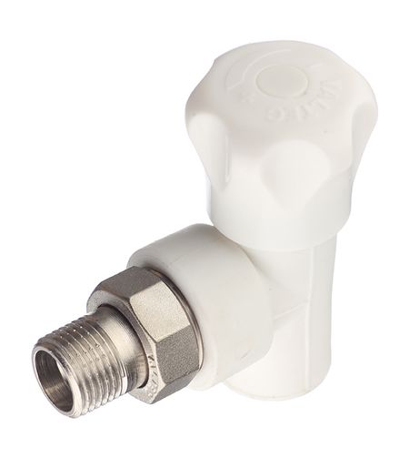 Клапан полипропиленовый Valtec 20 мм х 1/2 НР(ш) для радиатора с американкой угловой (VTp.718.V.02004)