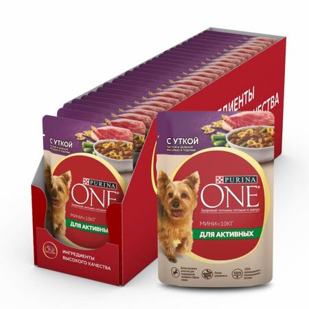 Консервы, паучи Purina ONE для взрослых собак мелких пород с активным образом жизни, с уткой, пастой и зеленой фасолью (1 шт)