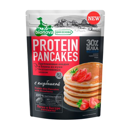 Протеиновая смесь Bionova для приготовления оладий с рисовой мукой и клубникой, 350 г siberian nutrogunz протеин сывороточный wfw вкус клубника 0 9кг сухая смесь