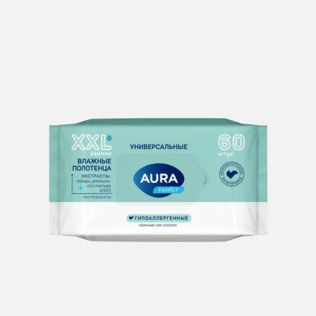 Влажные полотенца AURA Family универсальные 60 шт