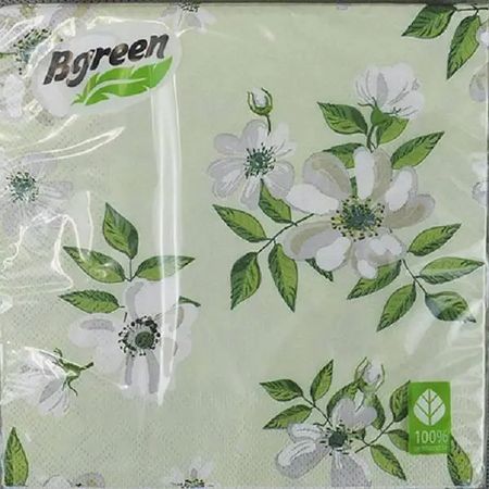 Салфетки Bulgaree green  жасмин на зелёном фоне 3 слоя 33х33 см 20 шт