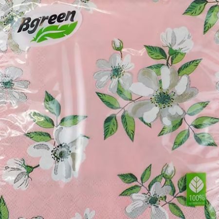 Салфетки Bulgaree green  жасмин на розовом фоне 3 слоя 33х33 см 20 шт