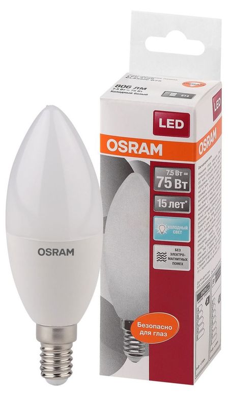 Лампа светодиодная Osram LED E14 7.5W свеча холодный белый свет