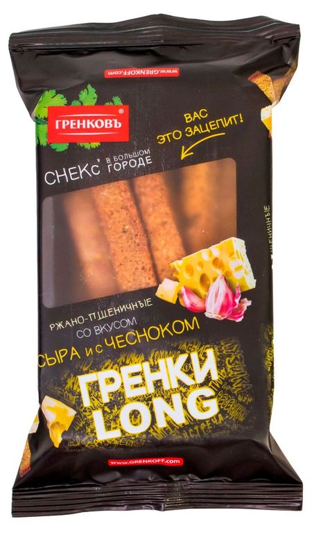 Гренки ржано-пшеничные Гренковъ Long со вкусом сыра и чеснока, 100 г