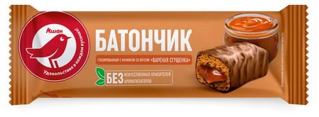 Батончик глазированный АШАН Красная птица с начинкой вареная сгущенка, 40 г
