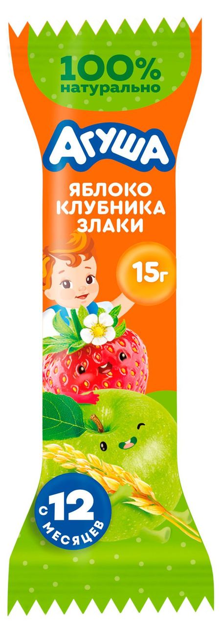 Батончик фруктовый Агуша Полезный перекус яблоко-клубника-злаки с 12 мес., 15 г