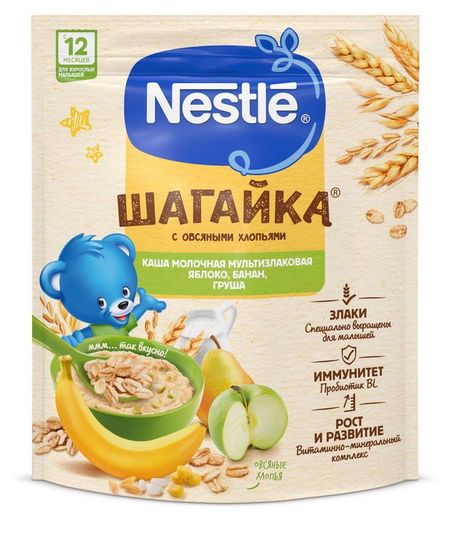 Каша молочная Nestle Шагайка 5 злаков мультизлаковая с овсяными хлопьями яблоко банан груша с 12 мес., 190 г