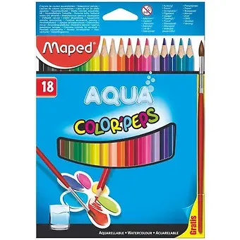 Карандаши цветные Maped, ColorPeps Aqua, акварельные 18 цветов с кисточкой