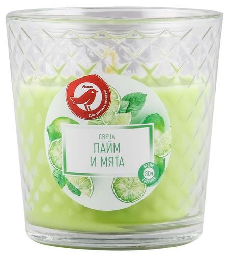 Свеча АШАН Красная птица с ароматом лайма и мяты в стакане, 30 ч