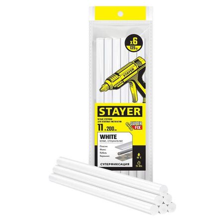 Стержни клеевые Stayer Professional 11х200 мм белые 120 г (6 шт.) стержни для клеевого пистолета н2 24308 8 д 7мм х18см 7шт упаковка стержни для клеевых пистолетов с блестками 18 см 7 мм 6 шт в пакете 11 24514 j1