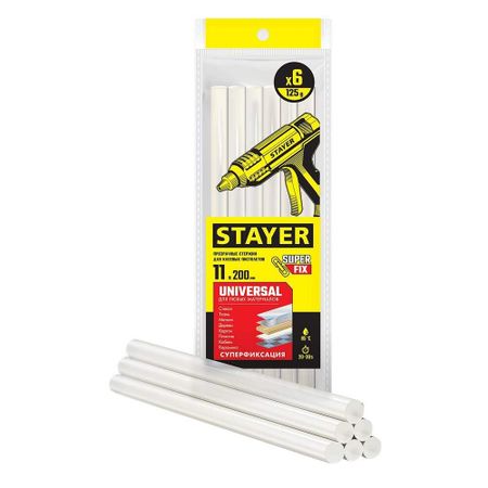 Стержни клеевые Stayer Professional Universal 11х200 мм прозрачные 110 г (6 шт.) стержни для клеевого пистолета н2 24308 8 д 7мм х18см 7шт упаковка стержни для клеевых пистолетов с блестками 18 см 7 мм 6 шт в пакете 11 24514 j1