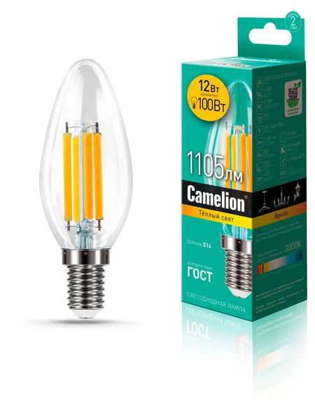 Лампочка светодиодная Camelion LED12C35FL/830/E14