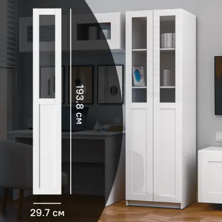 Дверь для шкафа Буккер левая 1 стекло 29.7x193.8x1.6 см ДСП цвет белый фасад меб филенч под стекло хв п 396х716мм хв п бессучковая