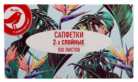 Салфетки бумажные АШАН Красная птица 2-слойные в боксе, 100 шт