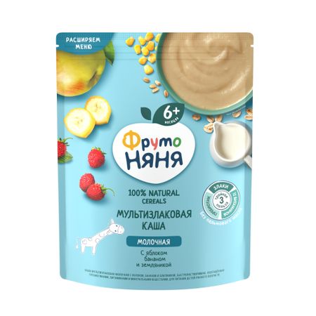 Каша ФрутоНяня молочная мультизлаковая с яблоком, бананом и земляникой с 6-ти месяцев 200 г