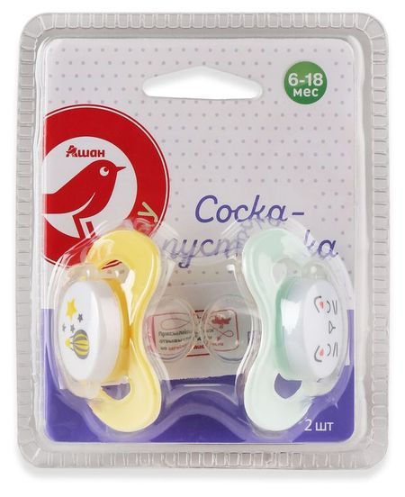 Соска-пустышка АШАН Красная птица Baby 6-18 мес., 2 шт