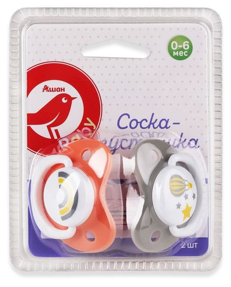 Соска-пустышка АШАН Красная птица Baby 0-6 мес., 2 шт