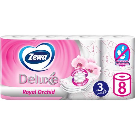 Туалетная бумага Zewa Deluxe Орхидея, 3 слоя, 8 рулонов туалетная бумага ашан красная птица 4 х слойная 8 рулонов