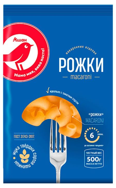 Макаронные изделия АШАН Красная птица Makaroni Рожки, 500 г