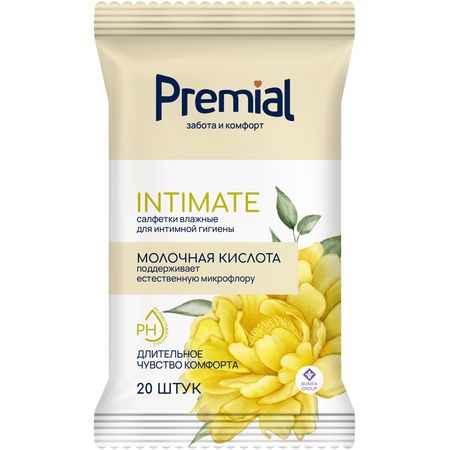Салфетки влажные Premial для интимной гигиены с молочной кислотой 20 шт