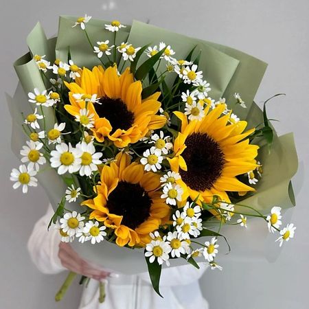 Букет живых цветов VIBE СТУДИЯ ЦВЕТОВ И ПОДАРКОВ Букет подсолнухи и ромашка голландская ( танацетум) искусственные шелковые подсолнухи zqnycy 100 шт