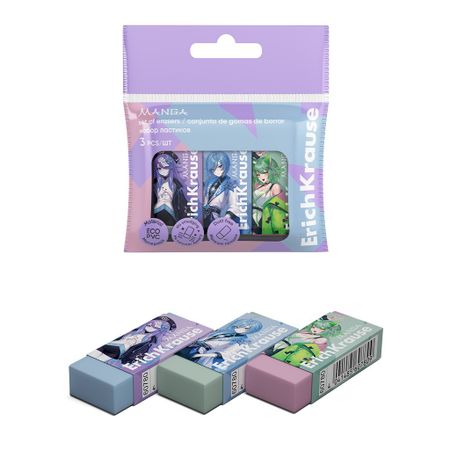 Набор из 3 ластиков Erich Krause Manga в ассортименте ластик yoi лапка выдвижной в ассортименте