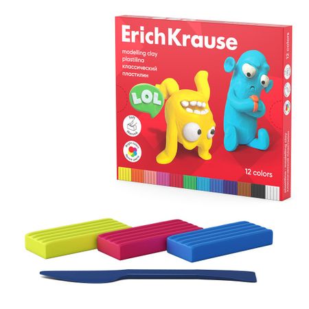 Пластилин классический Erich Krause Jolly Friends 12 цветов со стеком, 216 г