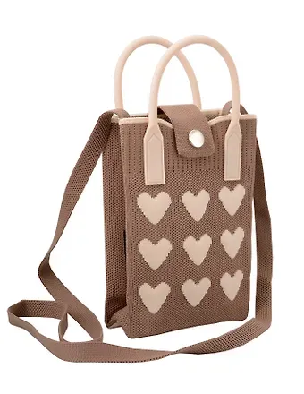 Сумочка вязаная с застежкой Сердечки (коричневая) (12х18х6) (текстиль) (12-Yiheng-0613)