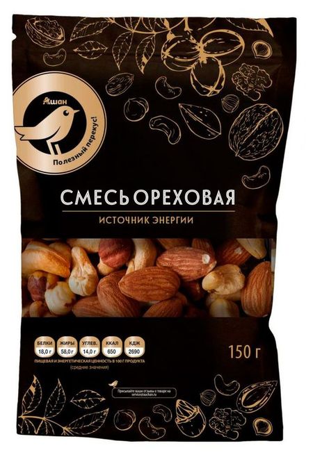 Ореховый микс АШАН Золотая птица без соли, 150 г