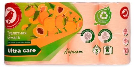 Туалетная бумага АШАН Красная птица Абрикос 3 слоя, 8 рулонов