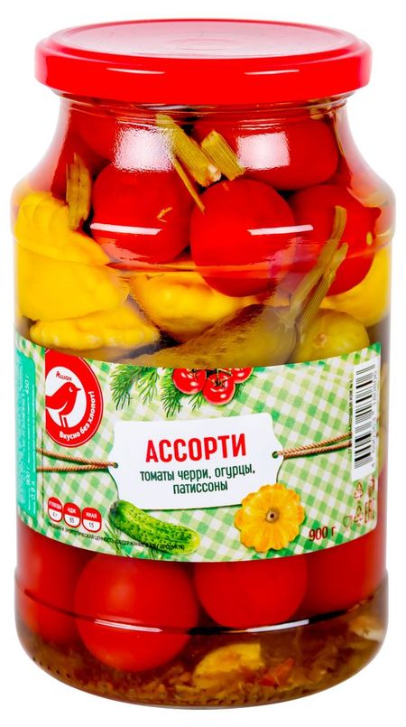 Ассорти овощное АШАН Красная птица маринованное с патиссонами, 900 г