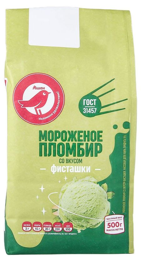 Мороженое пломбир АШАН Красная птица фисташка 15% ГОСТ БЗМЖ, 500 г