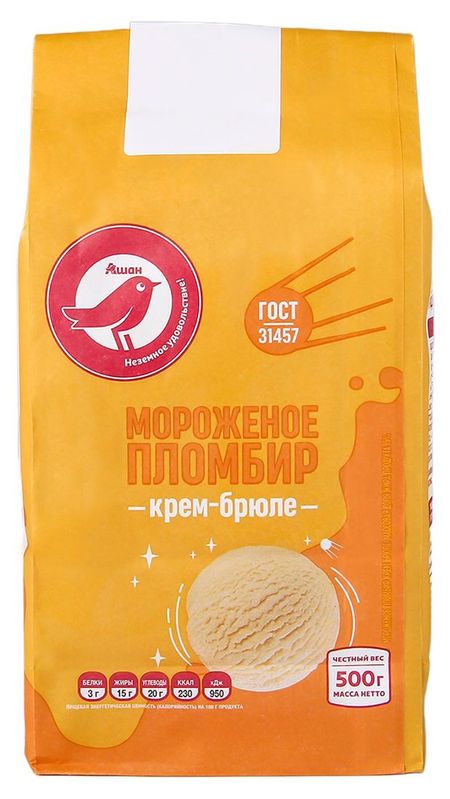 Мороженое пломбир АШАН Красная птица крем-брюле 15% ГОСТ БЗМЖ, 500 г