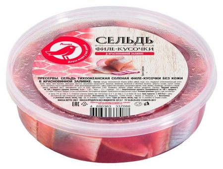 Сельдь соленая АШАН Красная птица красновинной заливке филе-кусочки, 350 г