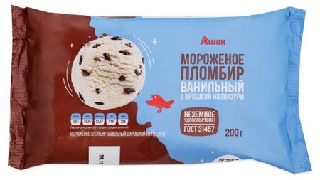 Мороженое пломбир АШАН Красная птица с шоколадной крошкой брикет ГОСТ БЗМЖ, 200 г