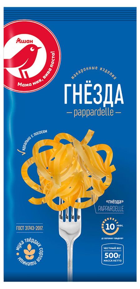 Макаронные изделия АШАН Красная птица Pappardelle гнезда, 500 г