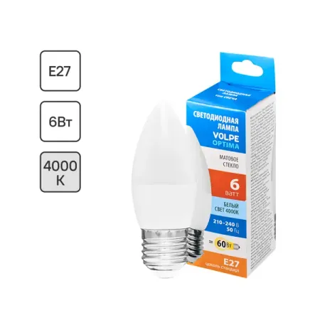 Лампа светодиодная Volpe E27 220-240 В 6 Вт свеча матовая 600 лм нейтральный белый свет
