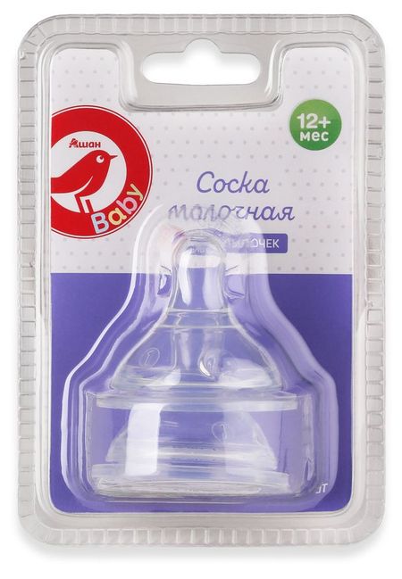 Соска для бутылочек АШАН Красная птица Baby с широким горлом силиконовая 12+ мес., 2 шт