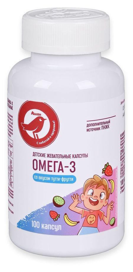 БАД АШАН Красная птица Омега-3 детские жевательные капсулы со вкусом тути-фрутти,100 шт