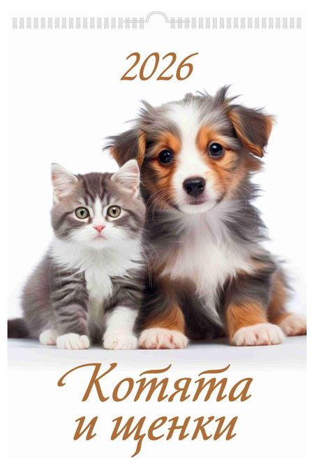 Календарь настенный перекидной Дитон Котята и щенки А3 2026 г с ригелем, 320х480 мм