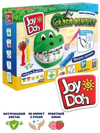 Масса для лепки Joy Doh, набор CROCO DENTIST - ЗУБАСТИК, голова крокодила, 3D формы, 8 аксессуаров, 5 баночек с тестом, (5 х 50г.)