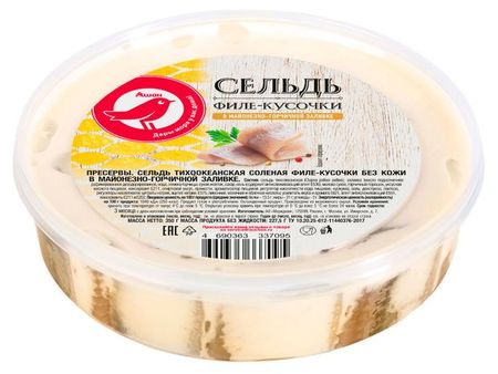 Сельдь соленая АШАН Красная птица в майонезно-горчичной заливке филе-кусочки, 350 г