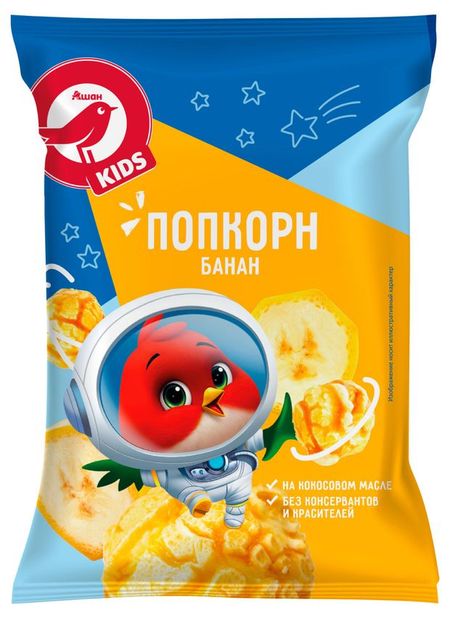 Попкорн АШАН Красная птица Kids со вкусом банана, 60 г