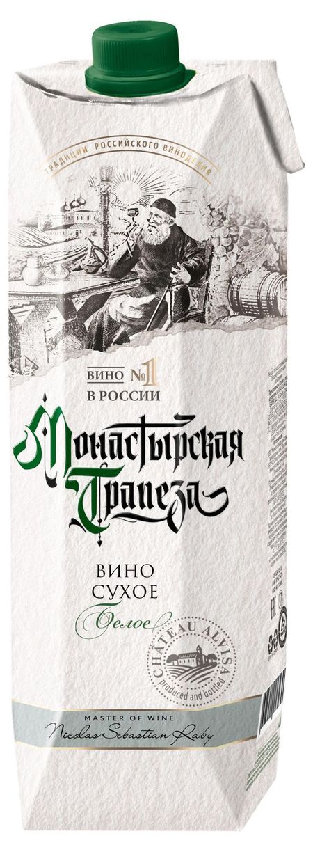 Вино Монастырская трапеза столовое белое сухое Россия, 1 л